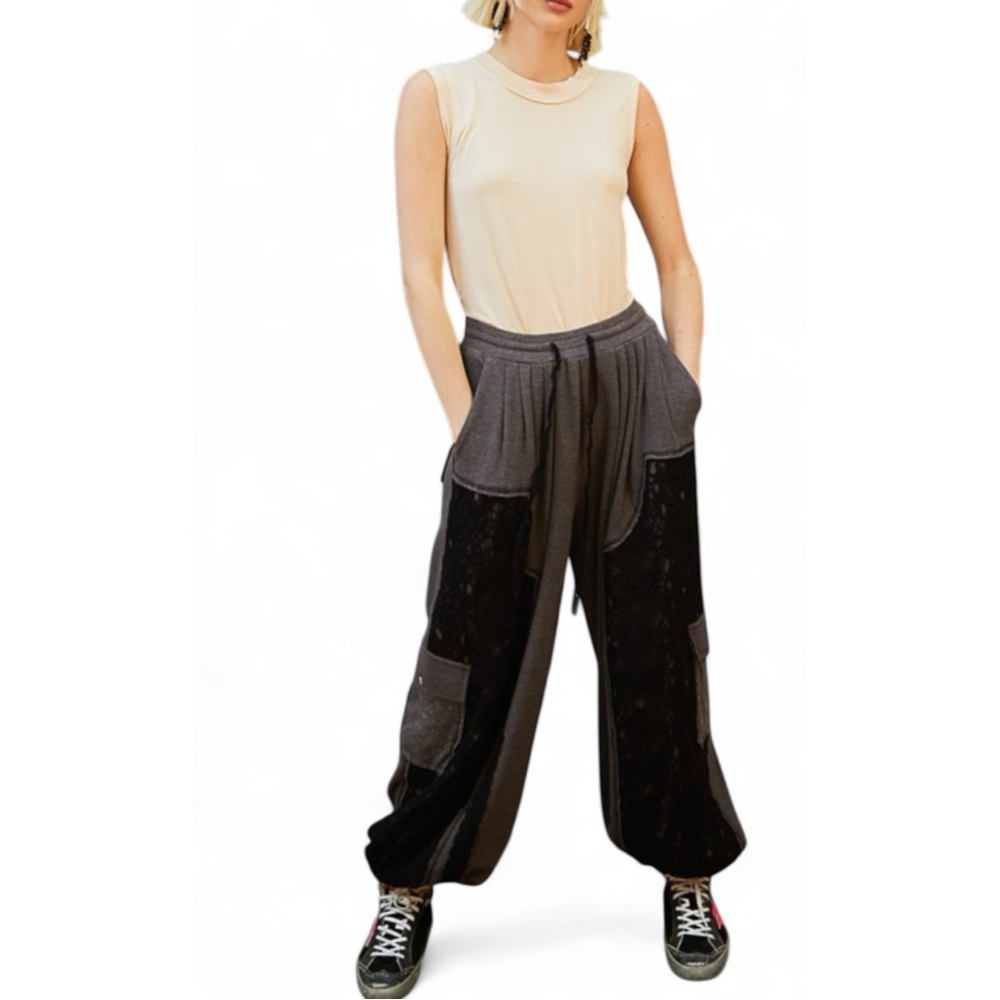 POL / Thermal Crochet Mix Pants / Boho Patchwork Joggers - Picture 4 of 4